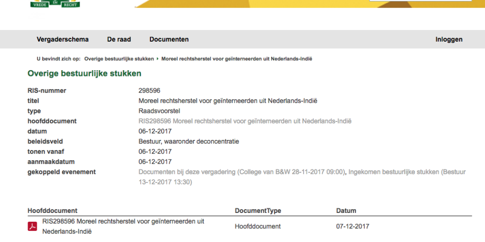 Voorstel van het college inzake Moreel rechtsherstel voor geïnterneerden uit NederlandsIndië